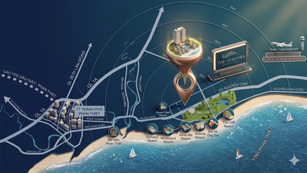 Toàn cảnh vị trí dự án The Seahara Mũi Né nhìn từ trên cao hướng ra biển, mặt tiền đường Võ Nguyên Giáp.